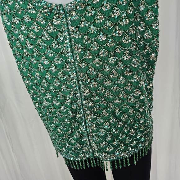 Vintage Cyn Les 100% wool green top sleeveless beaded sequin sweater festive - Picture 7 of 9